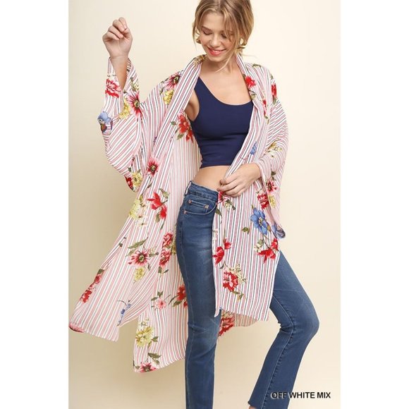 Umgee Other - Umgee Floral Striped Print Open Front Long Kimono Side Slits Reg/Plus Sizes